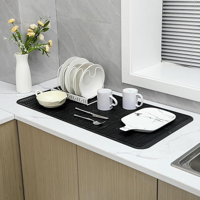 MicoYang Silicone Dish Drying Mat for Multiple Usage,Easy clean,Eco-friendly,Heat-resistant Silicone Mat for Kitchen Counter or Sink,Refrigerator or Drawer Liner Black 5XL 36inches x 18inches