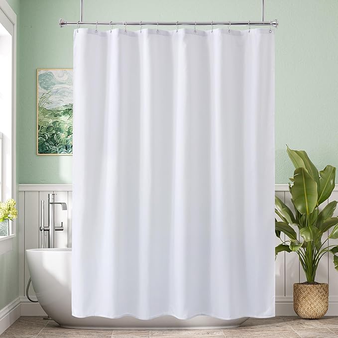 Amazer Long Shower Curtain Liner Washable 72x80 Inches, White Shower Liner Fabric with 2 Bottom Stones, Waterproof 2-in-1 Shower Curtain and Liner, 12 Grommet Holes, 120 GSM, White