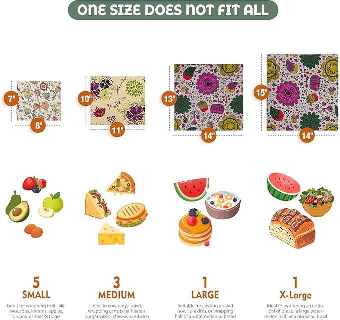 Akeeko Reusable Beeswax Food Wraps - Assorted 9 Packs, Reusable, Plastic-Free Food Storage, 5 Small, 2 Medium, 1 Large, 1 Extra Large Wraps with Plants and Boho Birds Pattern
