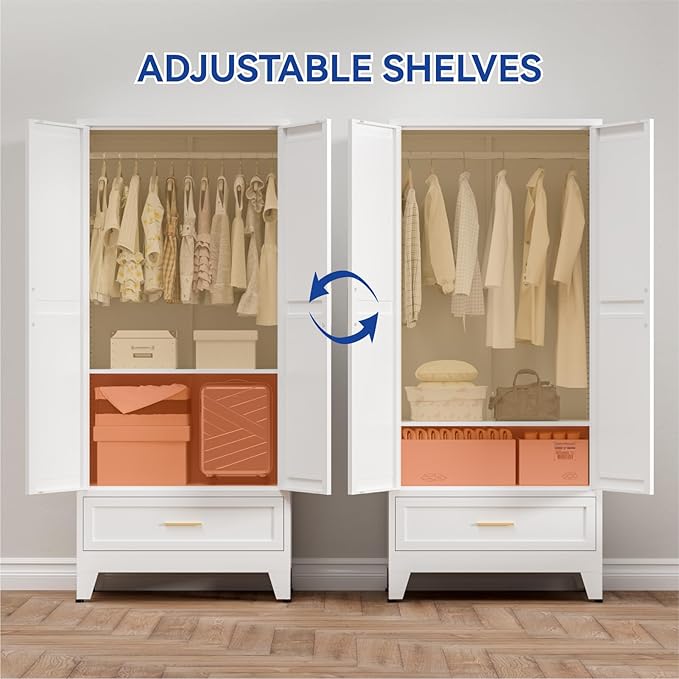 COFaR Metal Armoire Wardrobe Closet with Drawer, 71'' Tall Farmhouse Bedroom Armoires with Doors and Hanging Rod, Freestanding Steel Wardrobe Cabinet Coat Closet for Bedroom Home Office, White