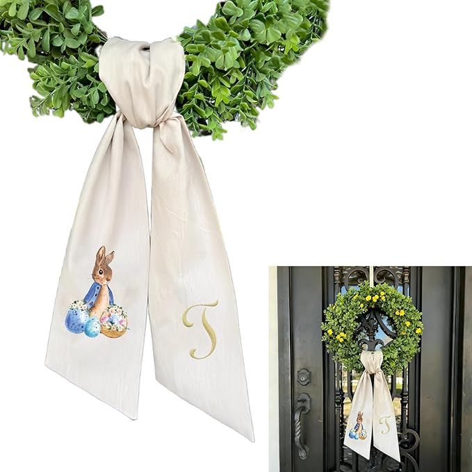 Rabbit Easter Wreath Bow Custom Embroidered Monogram Spring Bunny Wreath Sash for Front Door Hand Tailored Easter Decorations Spring Bows for Wreaths (T)