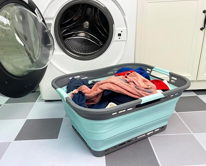 SAMMART 42L (11 Gallon) Collapsible Plastic Storage Basket - Foldable Pop Up Storage Container/Hamper - Portable Laundry Organizer - Space Saving (Grey/Lake Green, 42L (Style A))