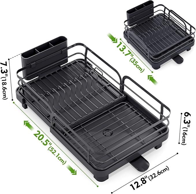 TOOLF Expandable Dish Rack, Dish Drying Rack for Kitchen Counter, Foldable Dish Dryer Rack, Stainless Steel Dish Drainer Racks with Cutlery Holder, Collapsible Dish Drying Racks Standard Size,Black
