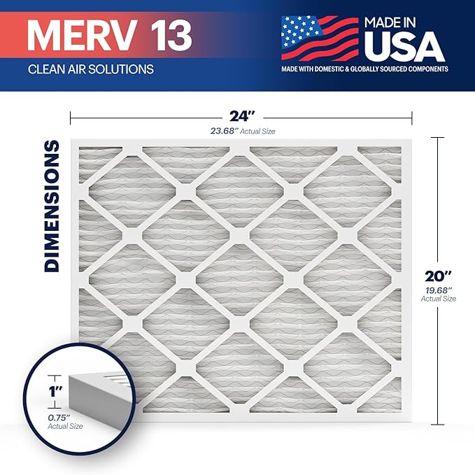 BNX TruFilter 20x24x1 Air Filter MERV 13 (12-Pack) - MADE IN USA - Electrostatic Pleated Air Conditioner HVAC AC Furnace Filters for Allergies, Pollen, Mold, Bacteria, Smoke, Allergen, MPR 1900 FPR 10