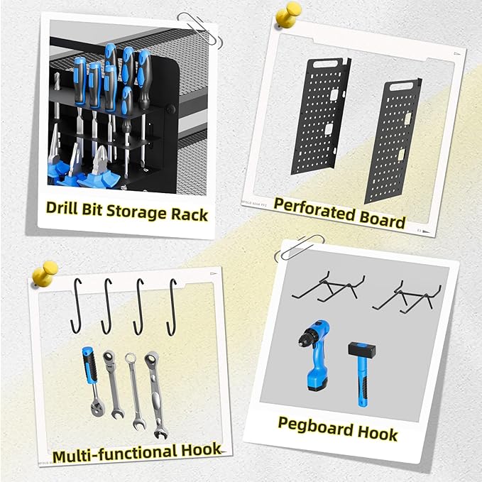 Power Tool Organizer Wall Mount with Charging Station, 4 Layers 8 Drill Holder, Heavy Duty Storage Utility Racks, Supports 600 lbs,Battery Shelf for Garage and Workbench (32 Inch 8 Drills Holder)