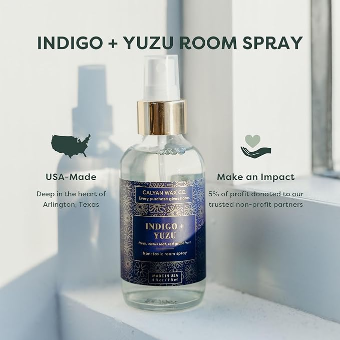 Calyan Wax Co. Indigo & Yuzu Room Spray - Non Toxic Air Freshener - Natural Room Deodorizer with Essential Oils - Air Freshener Spray for Home - 4 fl oz