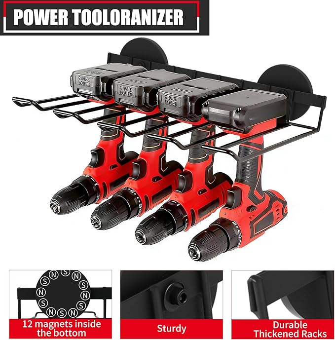 joaoxoko Heavy Duty Magnetic Power Tool Organizer,Drill Holder Wall Mount,50 lb Garage Storage Utility Storage Thickened Drill Rack for Dewalt Milwaukee Ryobi Cordless Tool