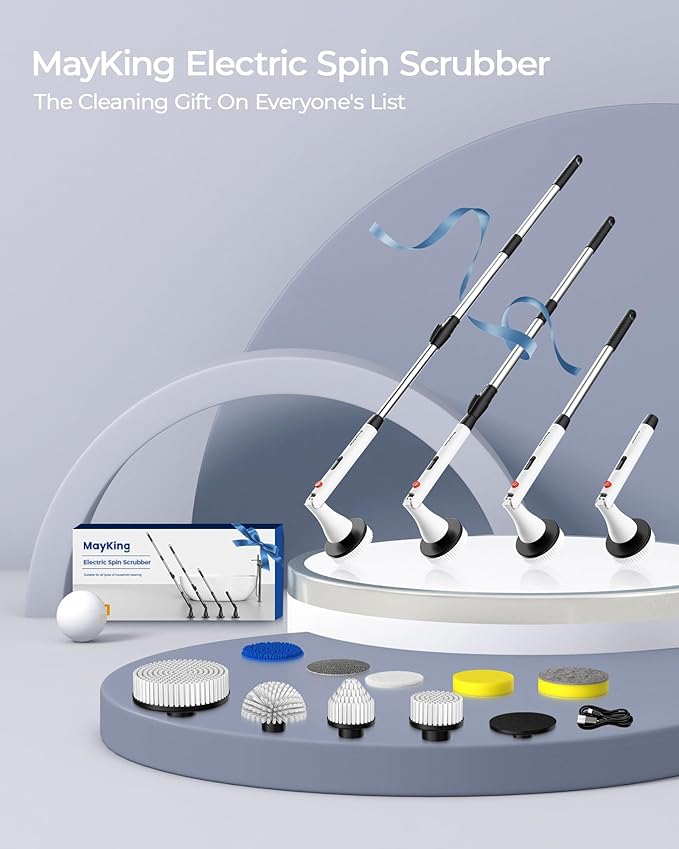 MayKing Electric Spin Scrubber with 9 Brush Heads, 3-Angle & 4-Length Adjustable Cordless Power Scrubber, 3-Speed & Battery LED Display, Electric Scrubber for Cleaning Bathroom Bathtub Floor Tiles