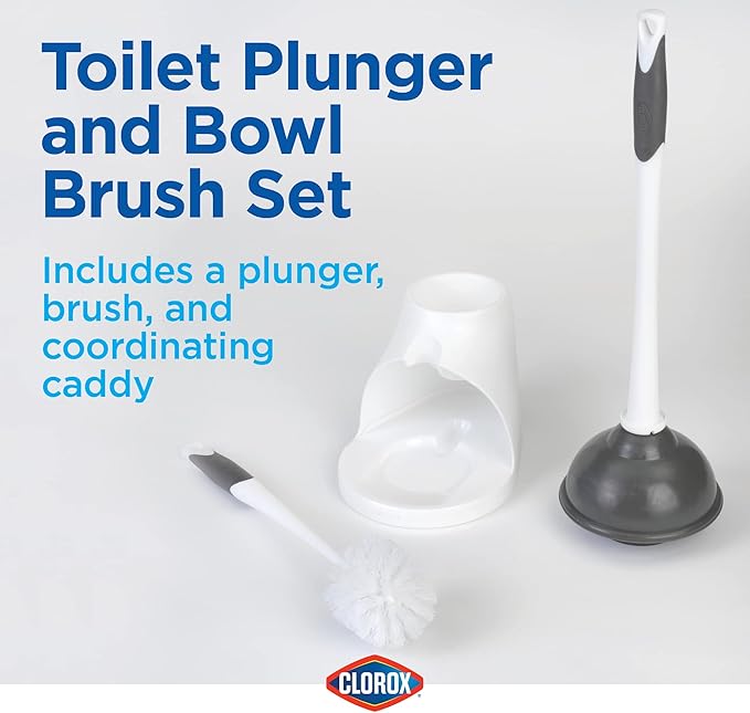 Clorox Toilet Plunger and Bowl Brush Combo with Caddy, 6.75 x 7 x 19.5 in, White/Gray (Pack of 12)