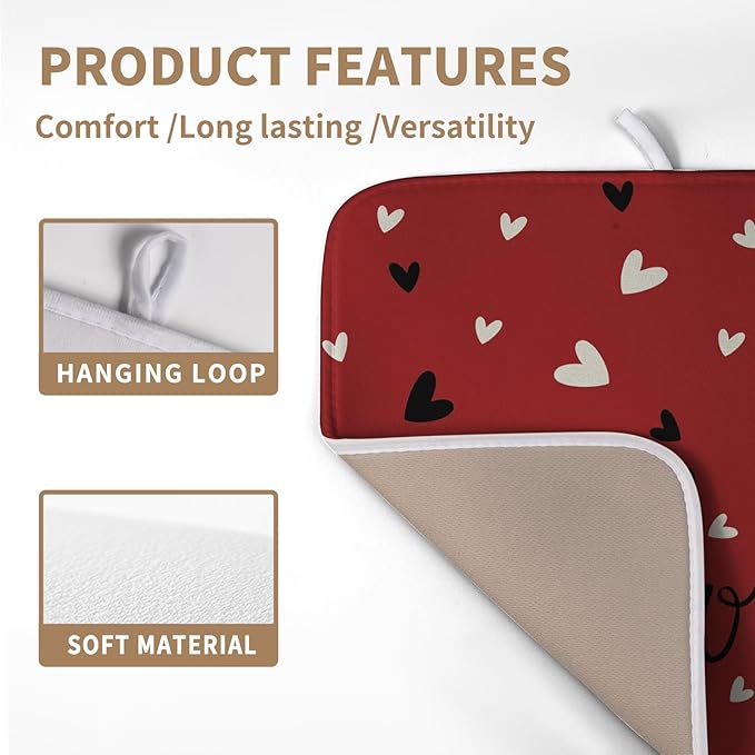 Wnoesat Valentine Dish Drying Mat for Kitchen Counter Valentines Day Red Black Love Heart Holiday Drying Mats Absorbent Microfiber Dish Draining Mat Medium Dish Rack Pad 16x18 Inch