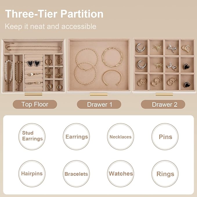 Jewelry Box Organizer for Women,3 Layers PU Leather Jewelry Storage Display Box with Glass Lid,Gift for people,3 Drawers,Large Capacity for Necklace Earrings Bracelets Rings,White