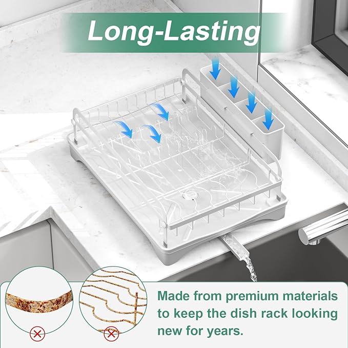 HOMEAILIE Dish Drying Rack,Dish Racks for Kitchen Counter, Metal Dish Drainer with Adjustable Drainage Spout, Removable Knife and Fork Holder (White)