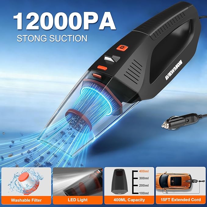 Car Cleaning Kit 19Pcs, Car Interior Detailing Kit with 12000PA High Power Handheld 12V Corded Vacuum, Detailing Brush Set, Cleaning Gel, Complete Car Wash Kit with Storage Bag for Men & Women