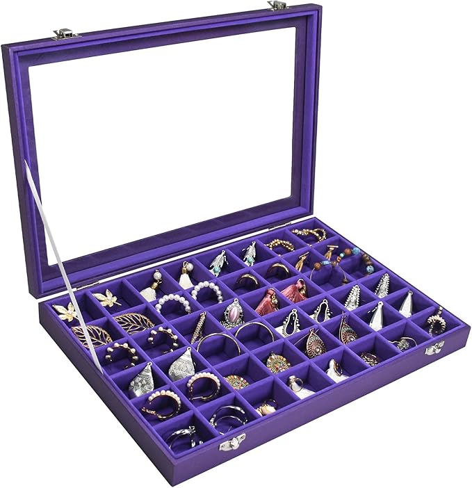 Jewelry Tray Organizer Box 48 Grid Jewelry Display Organizer Box with Transparent Lid Rings Earrings Necklaces Pendants Display Box Suitable for Women and Girls (48 Grid, Purple)