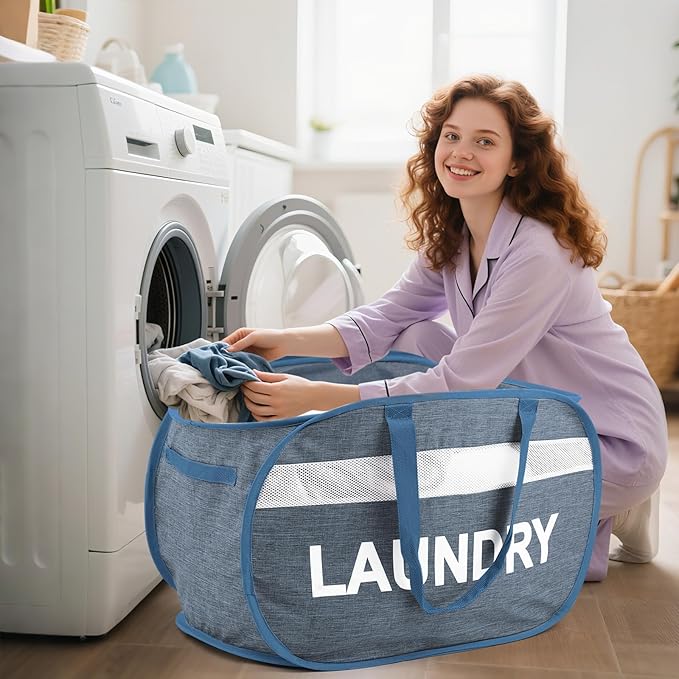 Collapsible Laundry Baskets with Lid, Foldable Clothes Hamper with Reinforced Handles, Sturdy Pop Up Hampers for Laundry, Tear Proof & Easy to Carry Laundry Hamper for Home, Dorm, Travel Blue