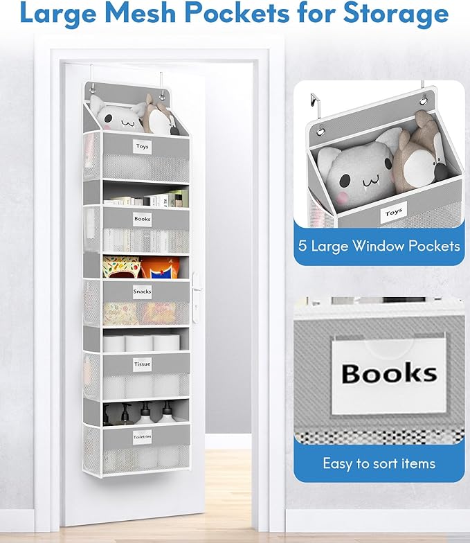 Optish Over The Door Organizer Hanging, 5 Shelf Behind The Doors Storage, Pantry Door Organizer, Closet Organizers for Bedroom and Nursery (Grey)