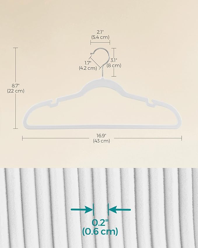 SONGMICS Velvet Hangers 60 Pack, Non-Slip Clothes Hangers with Shoulder Notches, Pants Bar, 360° Swivel Hook, Space-Saving, for Closet, Cloud White UCRF030W01