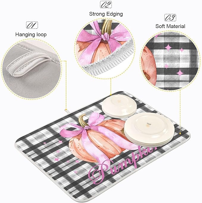 Fall Pumpkin Dish Drying Mat for Kitchen Maple Leaves Black Buffalo Plaid Microfiber Drying Mats Absorbent Reversible Thanksgiving Day Thankful Grateful Blessed Dish Pad Medium Dish Mat 16x18 inch