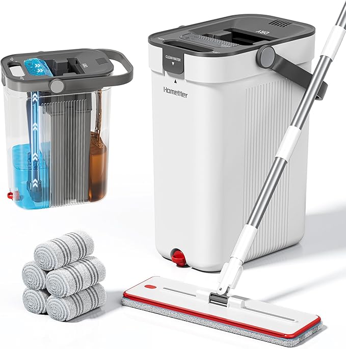 HoMettler Mop and Bucket Set, Flat Mop and Bucket System with Separate Dirty and Clean Water, 3-Compartment Wall Cleaner Mop, Flat Mops for Floor Cleaning with 6 Microfiber Pads