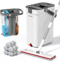 HoMettler Mop and Bucket Set, Flat Mop and Bucket System with Separate Dirty and Clean Water, 3-Compartment Wall Cleaner Mop, Flat Mops for Floor Cleaning with 6 Microfiber Pads