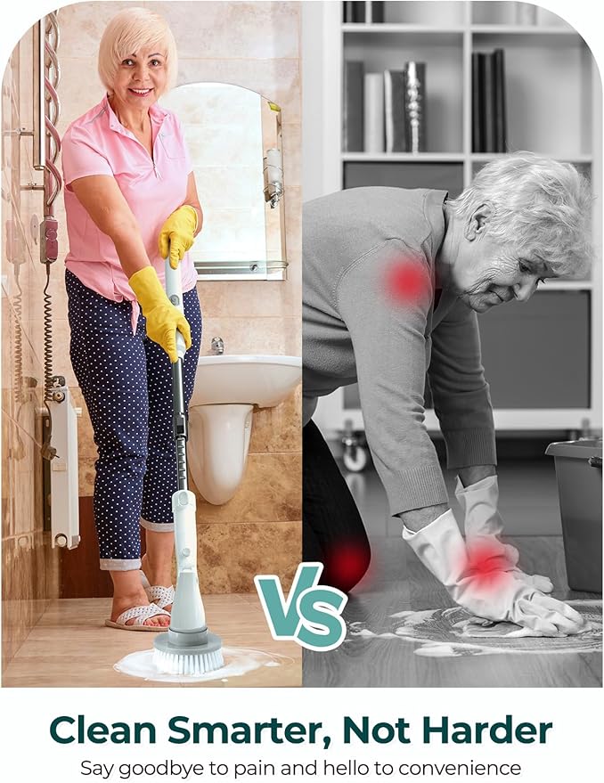 Sweepulire Electric Spin Scrubber SW1, Shower Scrubber with Long Handle, 2 Spin Speeds, Electric Bathroom Scrubber with 8 Replacement Heads, Bath Tub Cleaner Brush for Floor, Tub, Shower, Tile