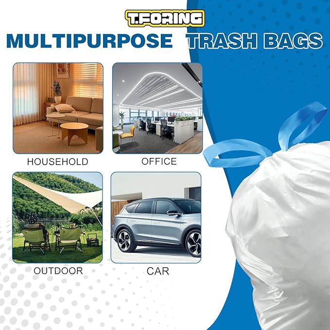 T.FORING 5 Gallon Trash Bags Drawstring 1.1 Mil - 120 Count 18 Liter Small Garbage Bags for Bathroom, Strong Unscented White Plastic Wastebasket Bin Liners for Kitchen Office Toilet and Bedroom