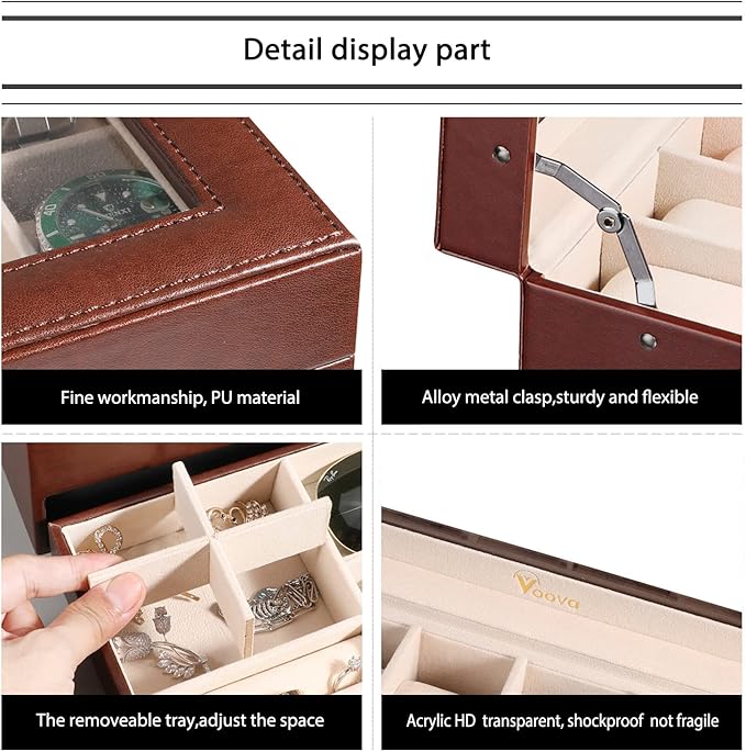 Voova Jewelry Box Watch Boxes Organizer for Men Women, 2 Layer Large 12 Slot PU Leather Watch Storage Case, Glass Top Jewelry Display Holder for Watches Sunglasses Rings Necklaces Bracelets (Brown)