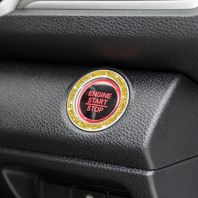 ToBeQueen Bling Car Crystal Rhinestone Ring Emblem Sticker, Car Interior Decoration, Bling Car Accessories for Women, Push to Start Button, Key Ignition Starter & Knob Ring Yellow