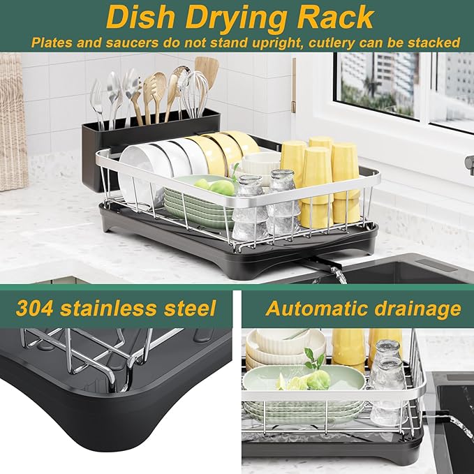 LIYI Dish Rack for Kitchen Counter,Stainless Steel Drying Rack,304 Stainless Steel with Drainage Plate,Large Capacity Utensil Storage System,Intelligent Drainage and Deflector Structure,Black