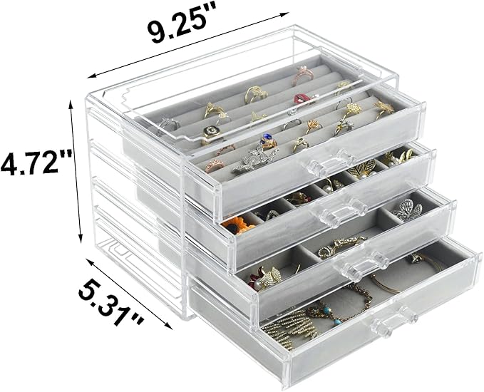 Weiai Acrylic Jewelry Organizer, Clear Jewelry Box with 4 Drawers, Jewelry Case Storage for Women (Gray)