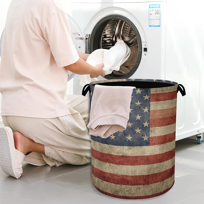 Vintage Flag Laundry Basket,Oxford Cloth Laundry Hamper with Handle Foldable Portable Clothes Storage Basket for Bathroom Bedroom Dorm Room 16" x 20.8"
