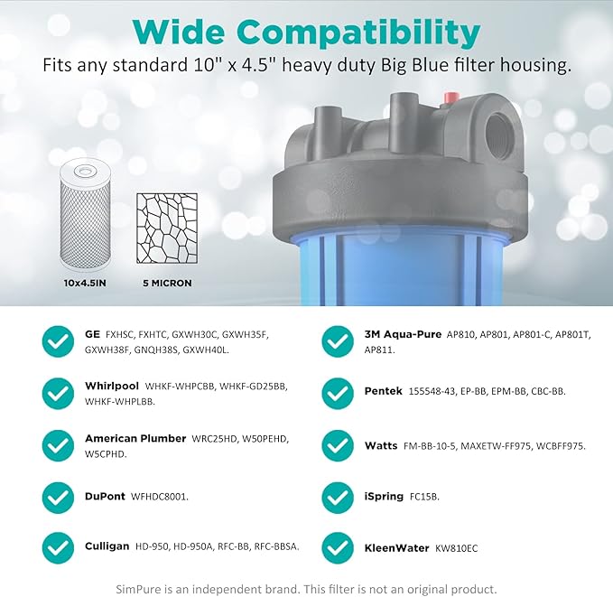 SimPure Whole House Water Filter Cartridges 5 Micron 10" x 4.5" CTO Activated Carbon Block, For DB10P, DB10C-2, GE GXWH40L, GXWH35F, BB10, FXHTC, FC15B, 3 Pack