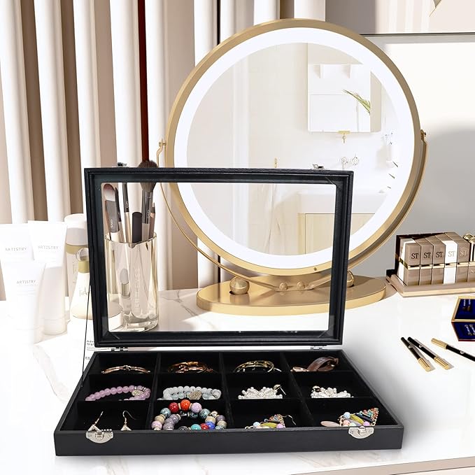 Wudygirl Jewelry Tray 12 Grid Jewelry Organizer with Clear Lid Bracelet Holder Organizer Display Case Removable, Black Velvet (12 Grid)