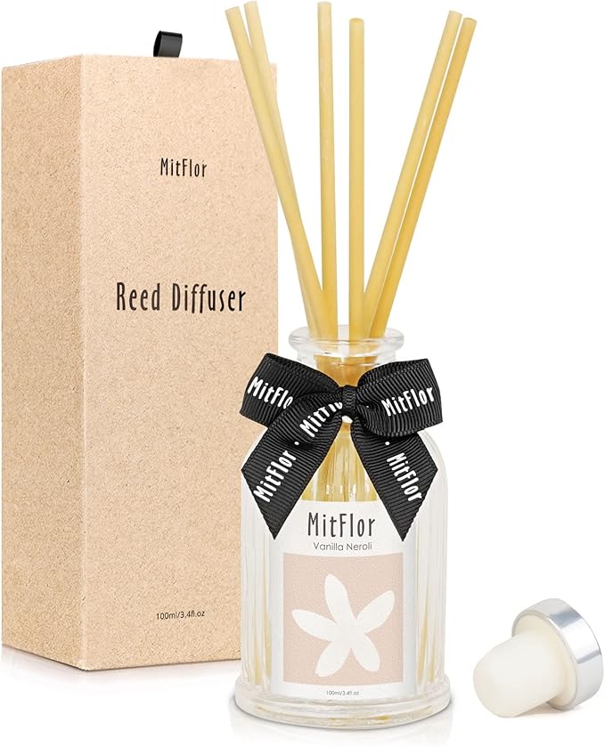 Reed Diffuser, MitFlor Vanilla Neroli Fragrance Diffuser Set, Room Air Freshener with Natural Rattan Sticks, Elegant Office, Home & Bathroom Décor, 3.4 fl oz