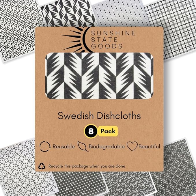 Sunshine State Goods Swedish Dishcloths for Kitchen - Ecofriendly Reusable Paper Towels, Biodegradable Dish Cloths - Cellulose Sponge Dish Cloths for Washing Dishes - 8 Pack (Black & White)