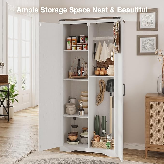 Set of 2 Farmhouse Storage Cabinet with Adjustable Shelves, Large Pantry Organize with 2 Barn Doors, Freestanding Cabinet for Kitchen, Garage, Basement, Living, Utility Room, Off-White