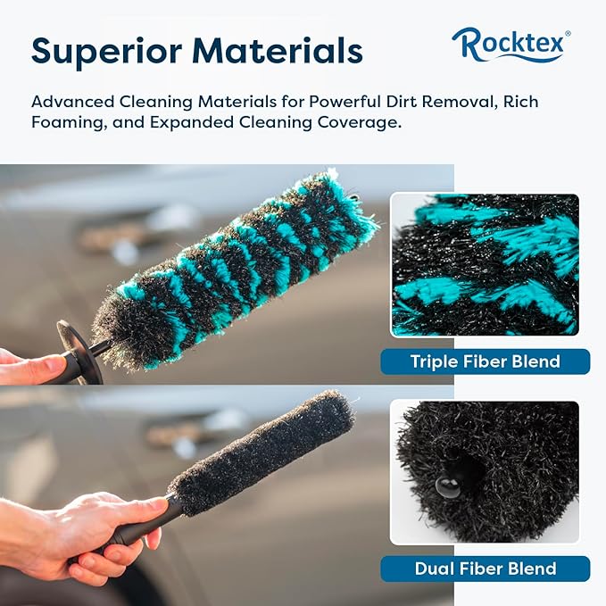 Rocktex Wheel Brush Set – 3 Sizes Multi-Fiber Blend, Non-Scratch Design for Car & Motorcycle Rims, Spokes, Barrels, Brake Dust, Tight Gaps, Eco-Friendly Clean