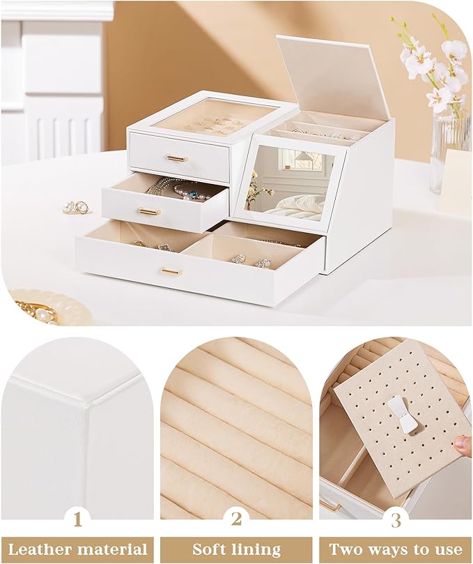 Homde Women Mirror Jewelry Box: Organizer Case with Clear Lid for Ring Necklace Earring - Birthday Gift for Young Women (White)
