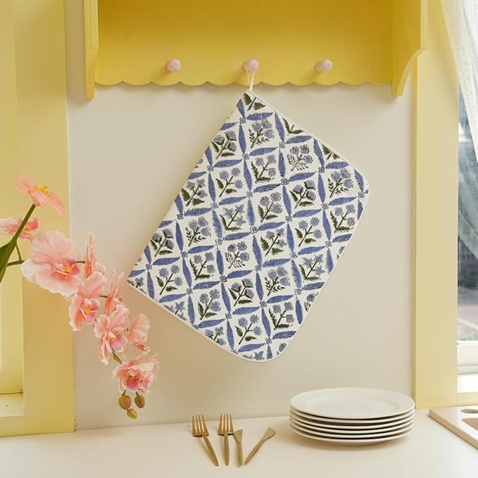 Vintage Blue Sage Green Floral Dish Drying Mat 18 x 24 Inch Block Print Floral Drying Mat for Kitchen Counter Absorbent Flowers Dishes Dry Pad for Drainer Rack Kitchen Fast Dry