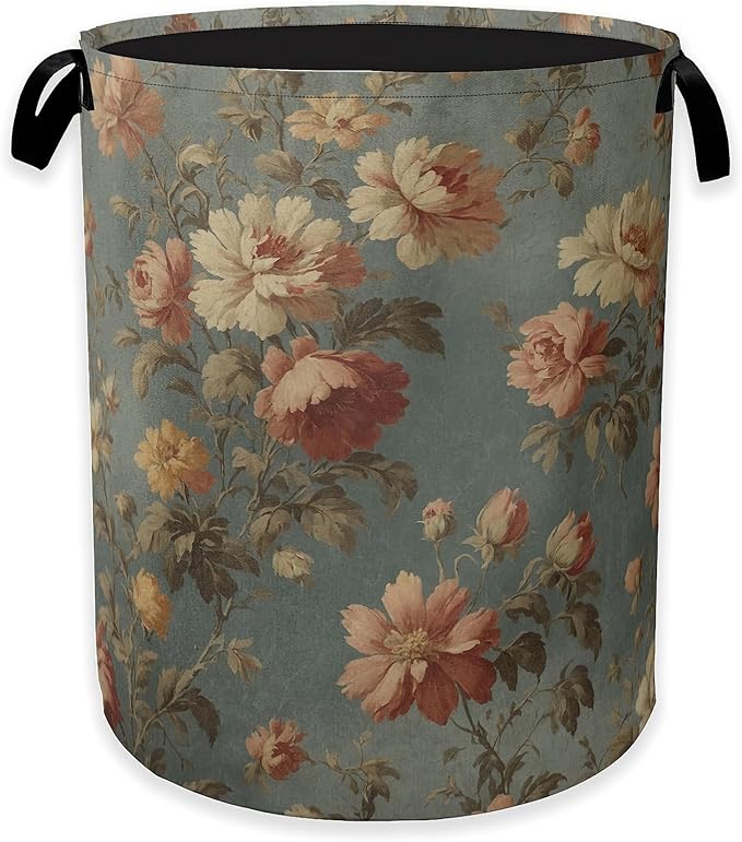 Vintage Rose Flower Laundry Hamper,Retro Floral Clothes Hamper for Laundry,Waterproof Oxford Toy Storage Collapsible Hampers for Bedroom, Dorm Room,Bathroom,16x20 Inch