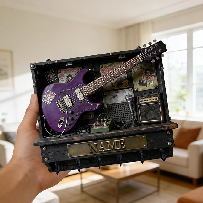 Custom 2D Flat Print Rock Guitar Key Storage Holder for Music Lover Family Friends Music Themed Wall Hooks Personalized Vintage Guitar Stand Name Key Rack Coat Holder for Culb Living Room Hallway