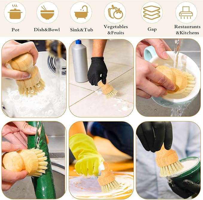 12 Pcs Bamboo Dish Scrub Brushes with Natural Sisal Bristles for Cleaning Pots, Pans, Dishes, Sink, 3.14x2.17 Inches