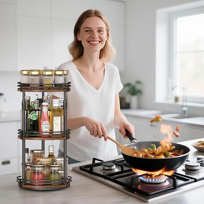 Across-Star Lazy-Susan-Organizer-Spice-Rack, 3-Tier Adjustable Rotating Spice Organizer For Kitchen-Cabinet-Countertop-Pantry, Turntable Seasoning Holder Storage Shelf