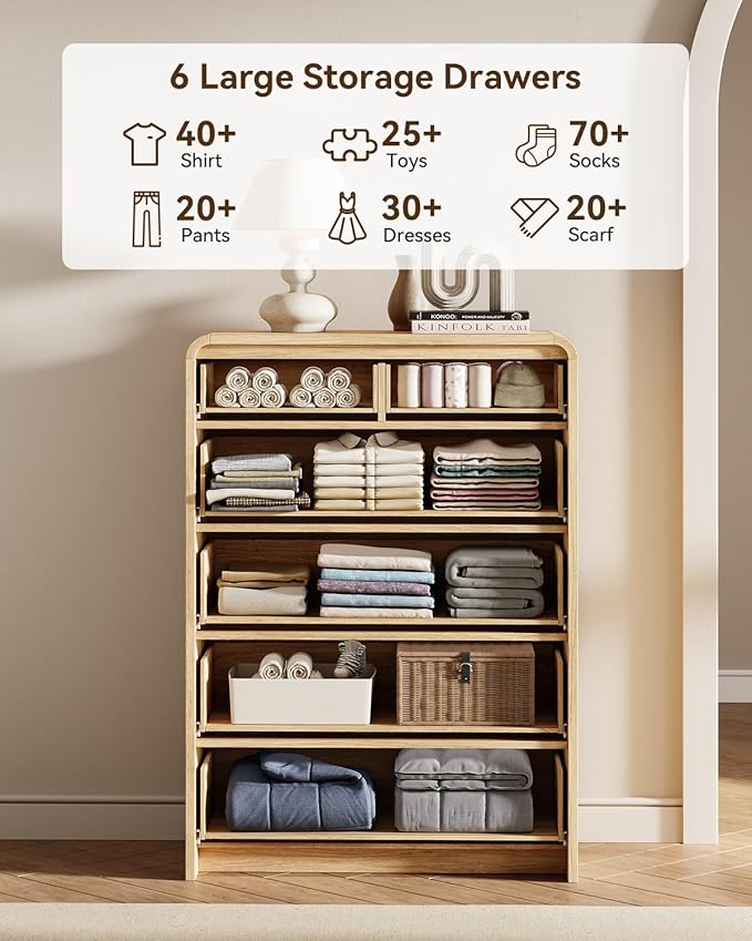 Fluted 6 Drawer Dresser for Bedroom, 44" Tall Modern Chest of Drawers, Curved Profile Design, Vertical Storage Dresser Organizer for Living Room, Hallway, Natural Oak