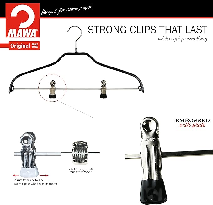 Mawa by Reston Lloyd Silhouette Series Non Slip Space Saving Hanger with Pant Clips, Style 40/FK, Set of 70, Black