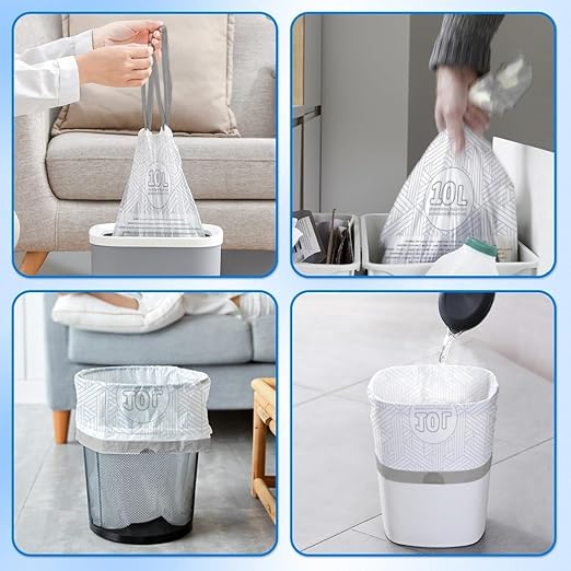 OKKEAI 2.6 Gallon Bathroom Small Trash Bags, White Drawstring Garbage Bags – 90 Count Tear-Free, Heavy Duty Printed Liners, Leak-Proof White Trash Bag for Kitchen, Office, Multipurpose Use