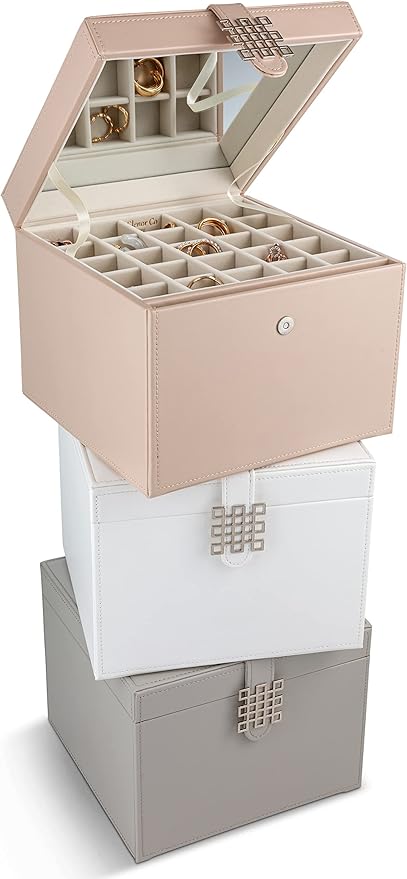 Glenor Co Earring Organizer Holder - 75 Small & 4 Large Slots Classic Jewelry Box with Drawer & Modern Closure, Mirror, 4 Trays Earrings, Ring or Chain Storage - PU Leather Case - Grey