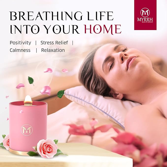 MyrrhUSA Rose Scented Candle – 15 oz Natural Soy Wax with Crackling Wooden Wick & Essential Oils | 80 Hour Burn | Luxury Aromatherapy Candle for Relaxation, Home Décor, Living Room & Bathroom