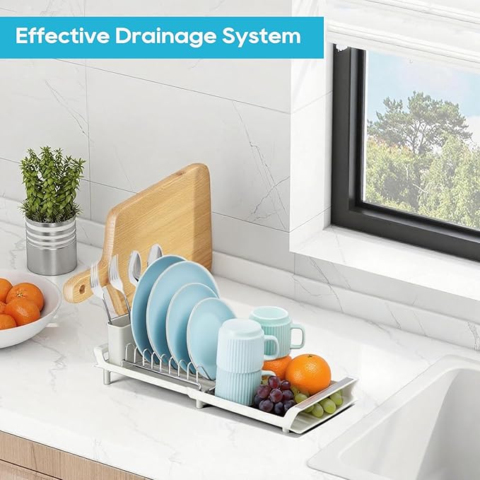 Small Expandable Dish Drying Rack – Compact & Space-Saving – No Spout, No Leaks – Durable, Rust Resistant & Easy to Clean – Ideal for Kitchens, Apartments & RVs – Extend 10.9 to 18.6 inches (White)