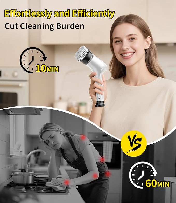 Electric Spin Scrubber, Cordless Household Cleaning Brush with 6 Replaceable Heads, 3 Speeds, LED Display, Lightweight Handheld Power Scrubber for Cleaning Stove/Bowl/Sink/Corner/Tile/Grout-White